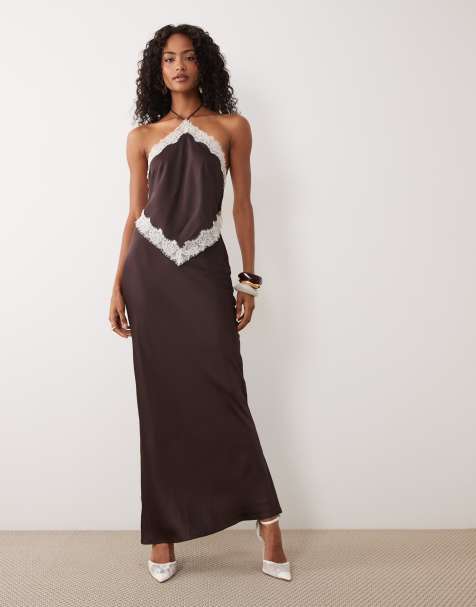 Forever New halter neck maxi dress with lace trim in chocolate