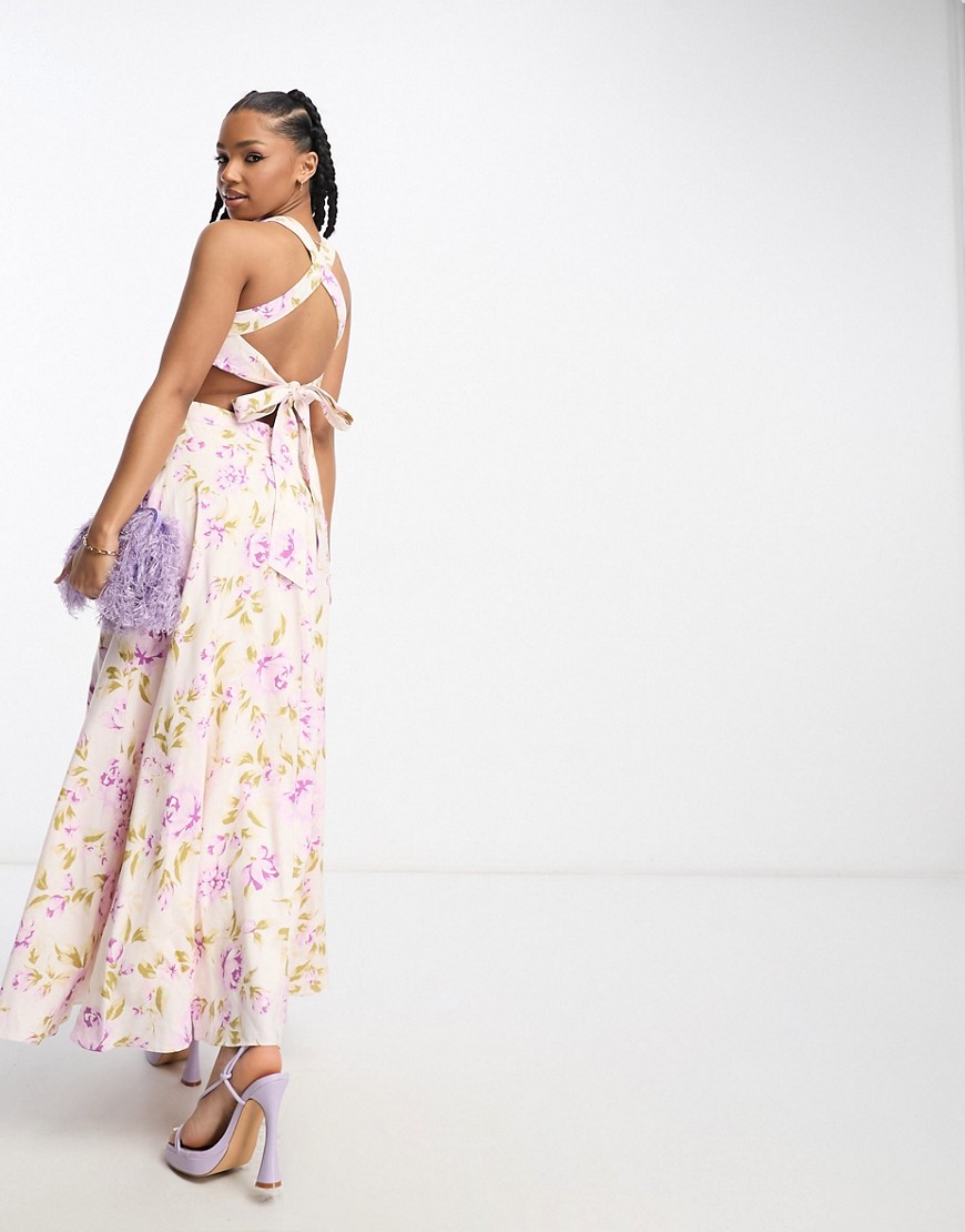 Forever New halter neck open back maxi dress in lilac floral-Purple