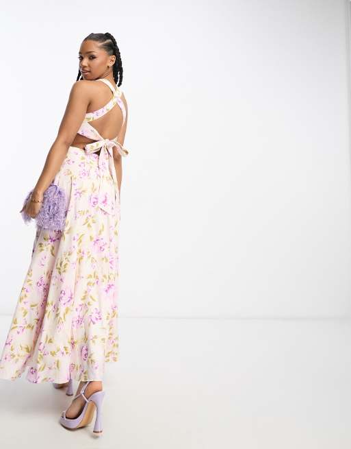 Forever New halter neck open back maxi dress in lilac floral | ASOS