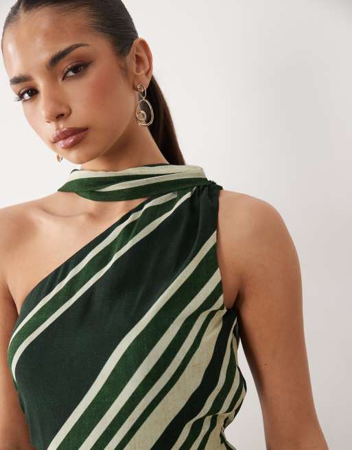 Forever New halter neck scarf mini dress in green stripe, 3 of 4