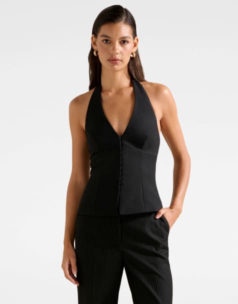 Forever New halter neck waistcoat top with hook and eye detail in black - view 1