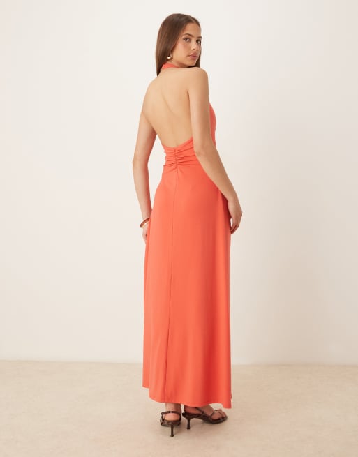 Forever New halter plunge midaxi dress in coral pink, 3 of 4