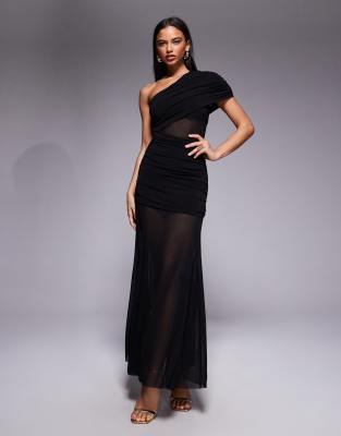 Forever New - Harley - Maxikleid aus Netzstoff-Materialmix in Schwarz mit gerafftem One-Shoulder-Design