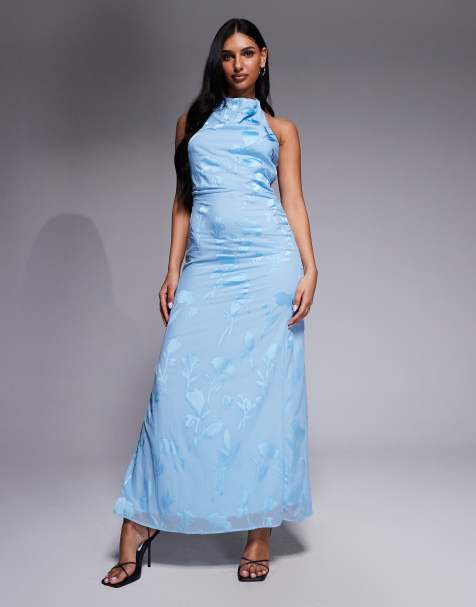 Forever New high cowl neck devoure maxi dress with slit back in pale blue