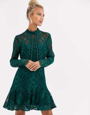 Forever New high neck lace mini dress in teal-Green