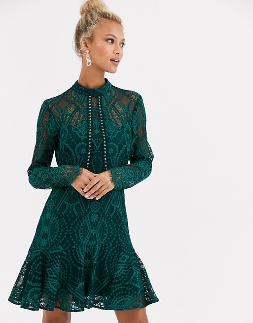 Forever New high neck lace mini dress in teal