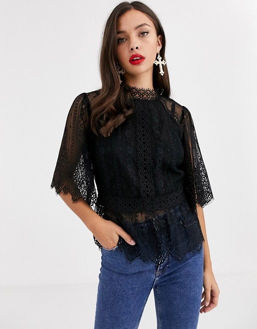 Forever New high neck lace top in black