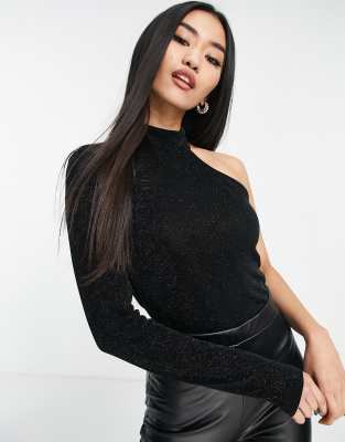 Forever New high neck one sleeve top in glitter black