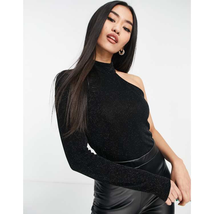 Forever New high neck one sleeve top in glitter black