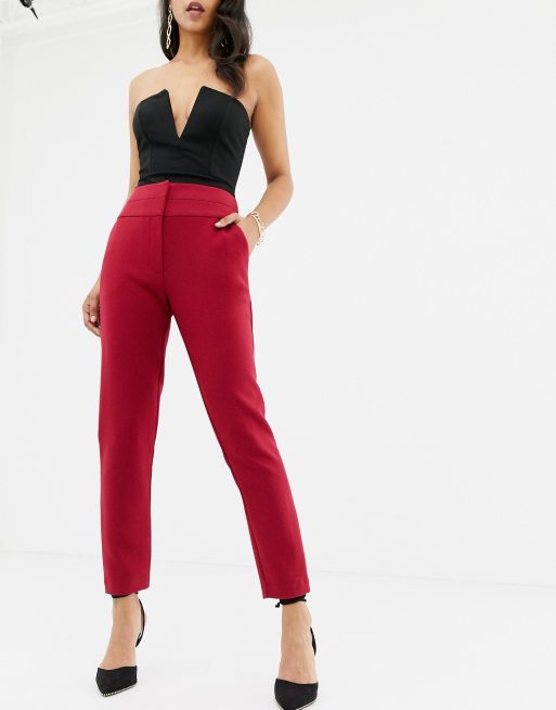 Red high waisted sales belted trousers