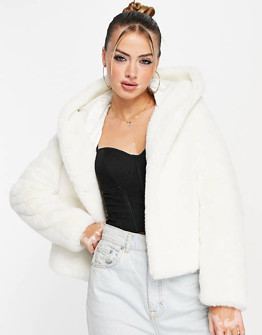 Forever New hooded faux fur coat in winter white