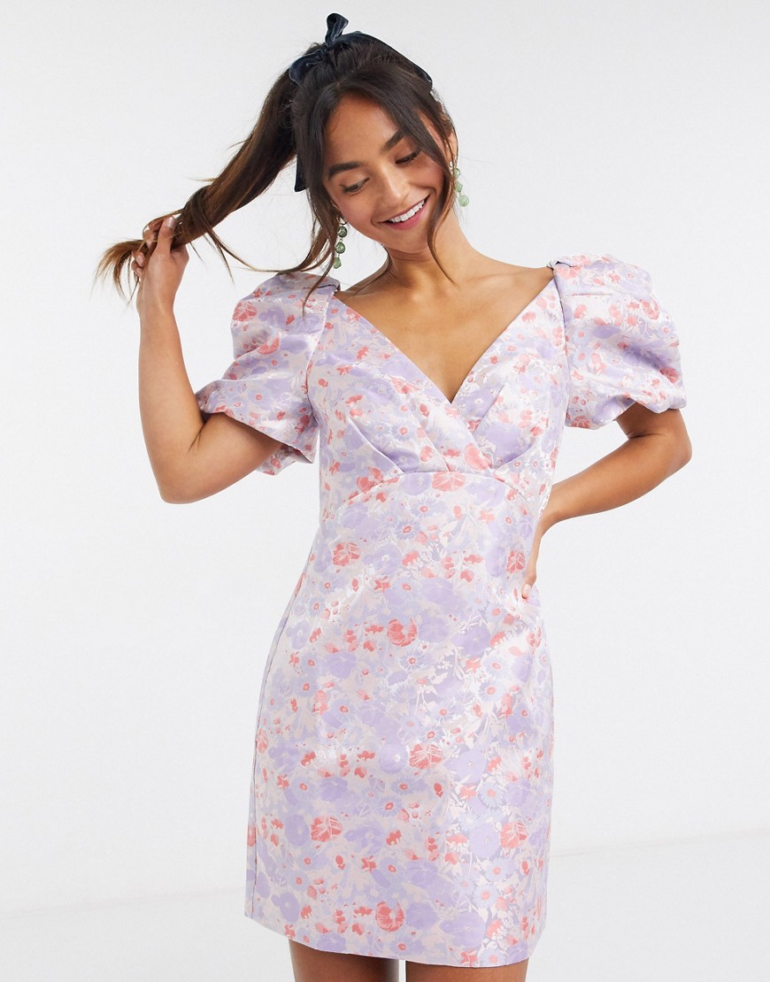Forever New - Jacquard mini-jurk met structuur, pofmouwen en lichte bloemenprint-Multi