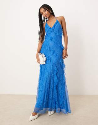 Forever New - Kanten maxi-jurk met ruches in kobaltblauw - view 1