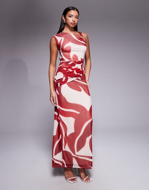 Forever New - Karina - Robe longue en tulle à imprimé abstrait avec nœud sur le devant - Rouge - view 1