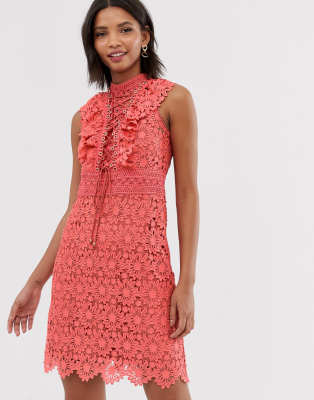 Forever New lace a line mini dress with lace up front in coral-Orange