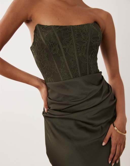 Forever New lace corset satin draped detail maxi dress in olive, 3 of 4