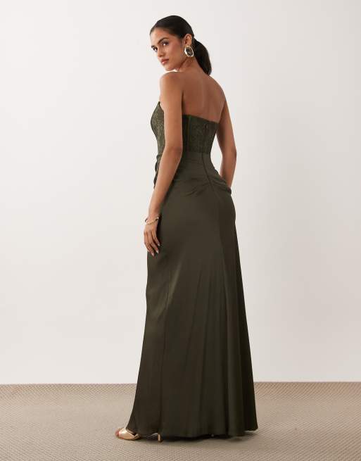 Forever New lace corset satin draped detail maxi dress in olive, 4 of 4