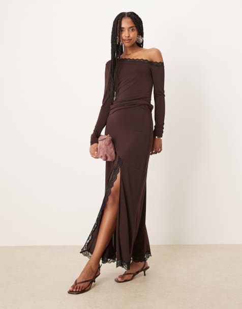 Forever New lace detail maxi skirt in chocolate brown (part of a set) - view 1