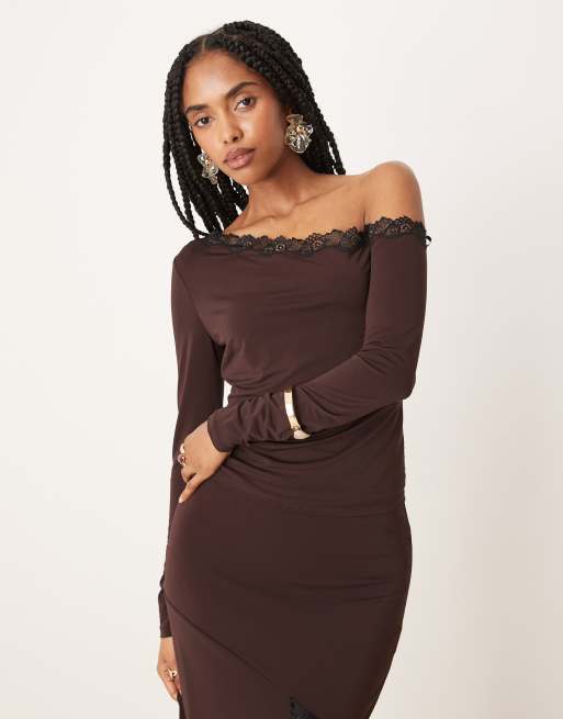 Forever New lace detail top in chocolate brown (part of a set)