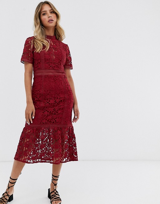 Forever New lace midi panel dress in raspberry