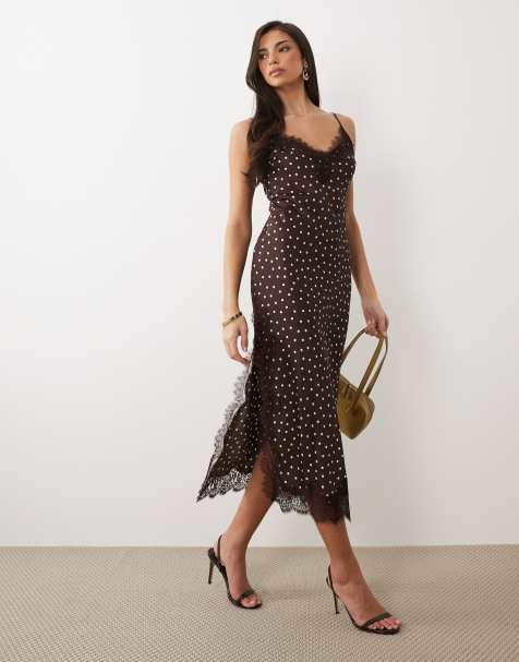 Forever New lace trim satin midi dress in brown spot - view 1