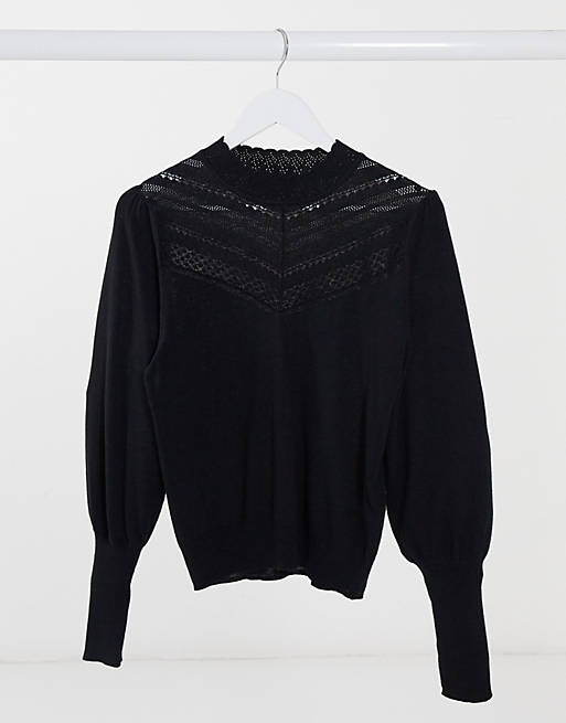 Forever New lace yolk balloon sleeve jumper in black | ASOS