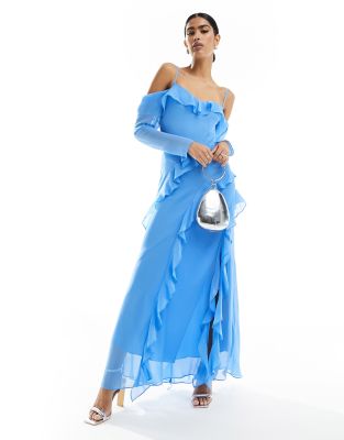 Forever New - Langärmliges, gerafftes Maxikleid in transparentem Blau