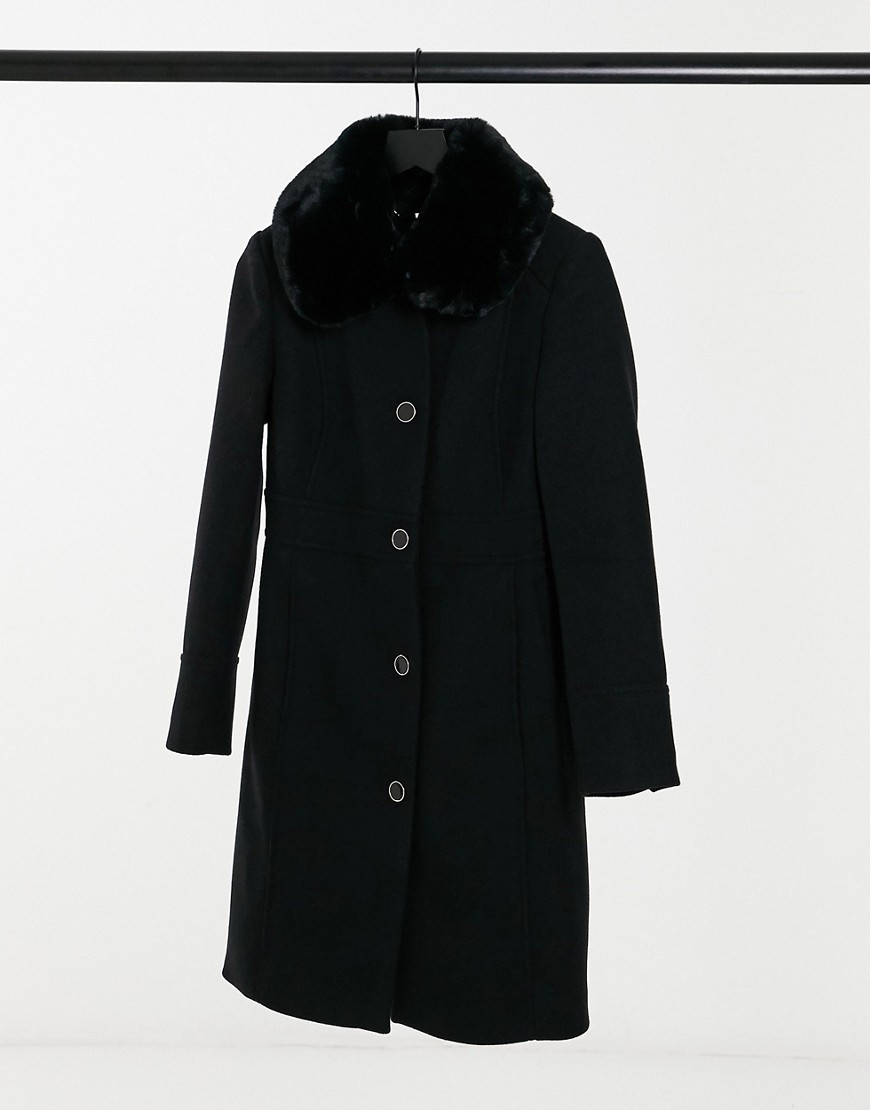 Forever New - Lange jas met kraag van imitatiebont in zwart
