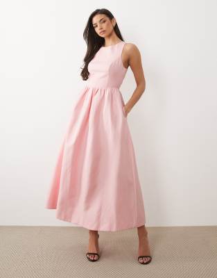 Leinen-Midikleid in Blassrosa mit hinten überkreuzten Trägern Rosa 44