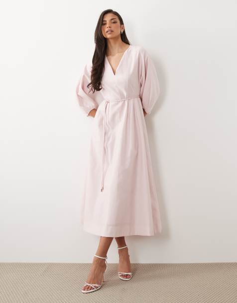 Forever New – Leinen-Midikleid in Rosa mit V-Ausschnitt und Bindedetail - view 1