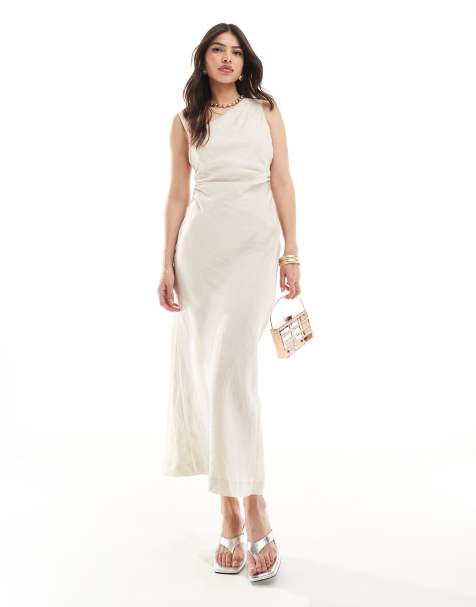 Forever New linen asymmetric midi dress in stone - view 1