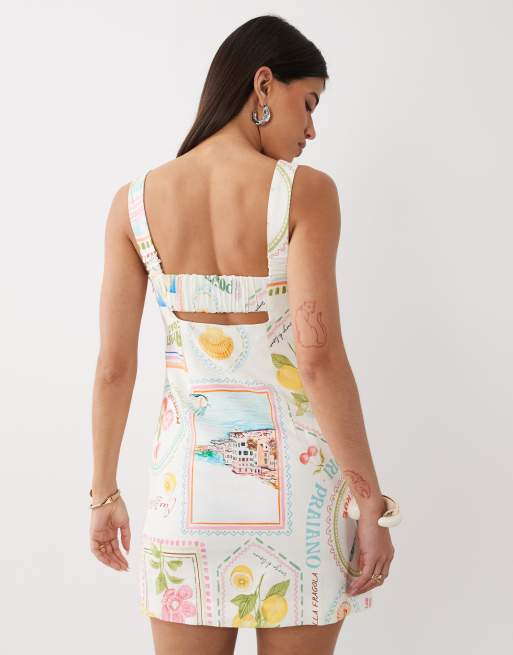 Forever New linen blend cut out ruched back mini dress in white postcard print, 3 of 4