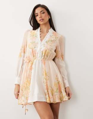Forever New linen button down shirt mini dress in peach floral-Orange