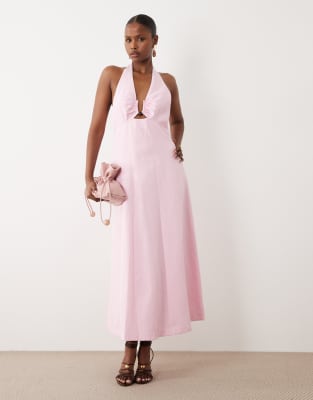 Forever New linen mix halter neck midi dress with hardware detail in pink