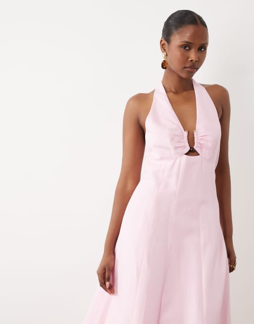 Forever New linen mix halter neck midi dress with hardware detail in pink |  ASOS