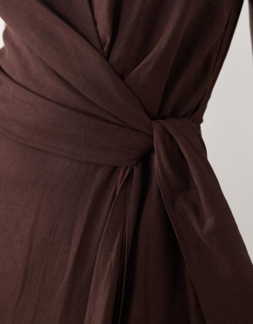 Forever New linen mix halter neck tie midi dress in chocolate brown, 2 of 4