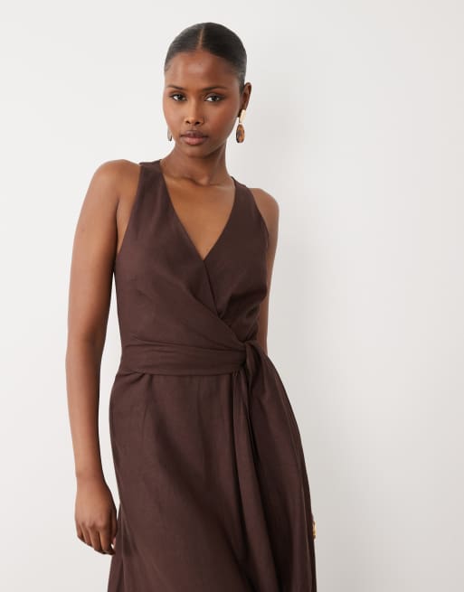 Forever New linen mix halter neck tie midi dress in chocolate brown, 3 of 4
