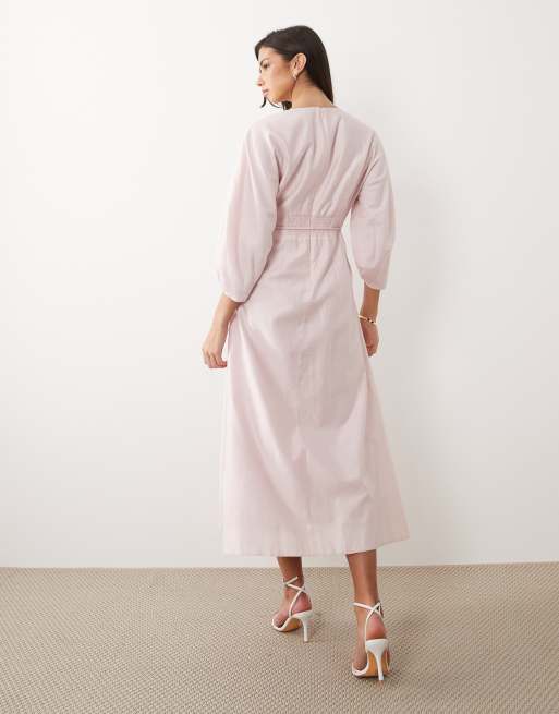Forever New linen v neck tie detail midi dress in pink, 2 of 4