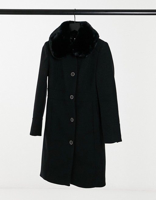 Forever New long coat with faux fur collar in black