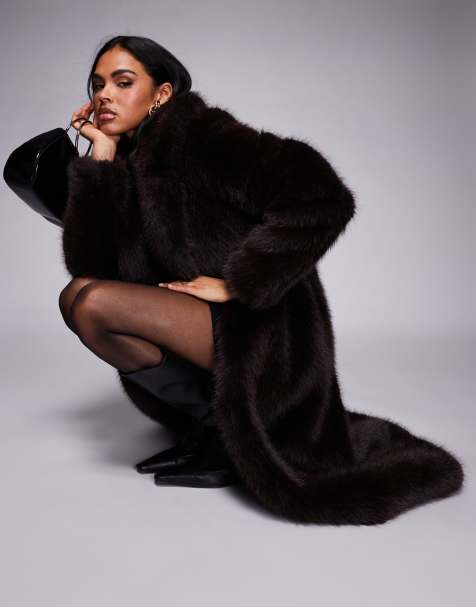 Forever New long faux fur coat in chocolate - view 1