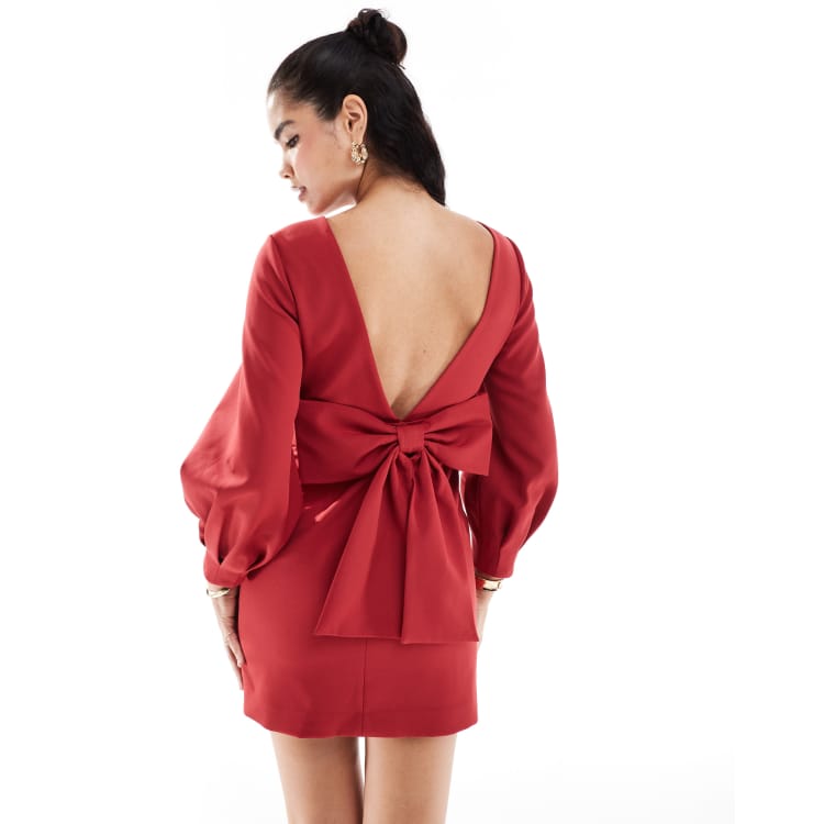 Forever New long sleeve bow back mini dress in burgundy ASOS