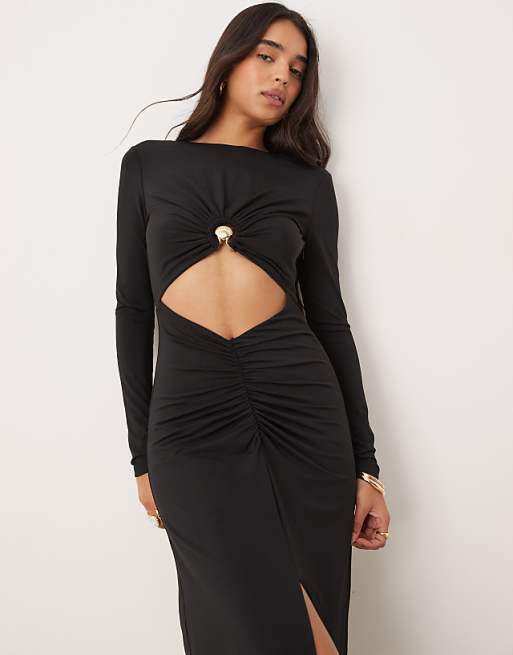 black long sleeve cut out dress Middle Split Leg Detail Mini In Sequin | EGO US Long Sleeve Asymmetric Shoulder Cut