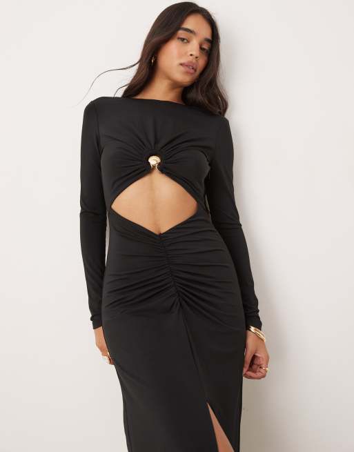 white christmas dresses Modal Plunge Neck Long Sleeve Maxi Dress in Black - XXS main image 1