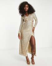 Style Cheat wrap tie sequin shirt dress in champagne | ASOS