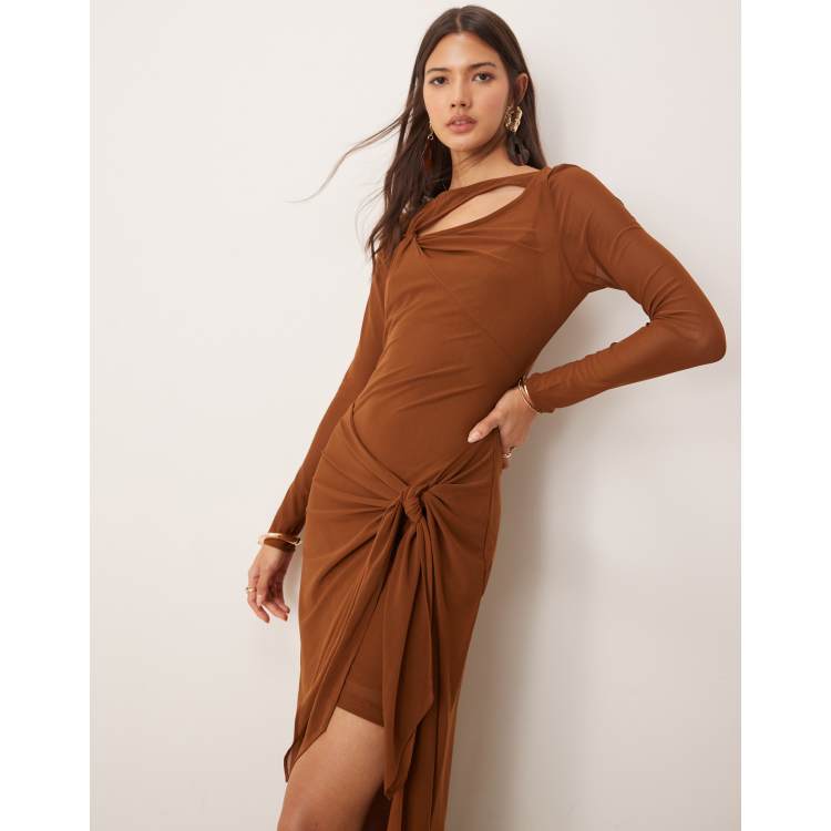 リルアー　drape design dress M-Long brown Long Sleeve Draped Detail Maxi Dress Brown - Luxe Maxi