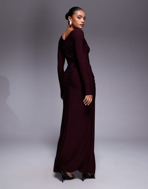 Forever New long sleeve drape maxi dress in deep plum, 3 of 4