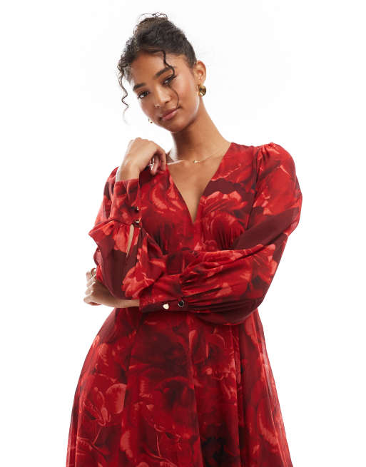 Forever New long sleeve maxi dress in red rose floral ASOS