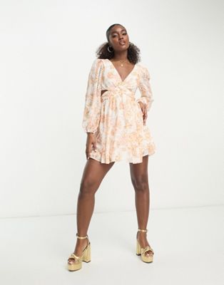 Forever New long sleeve mini dress in peach floral