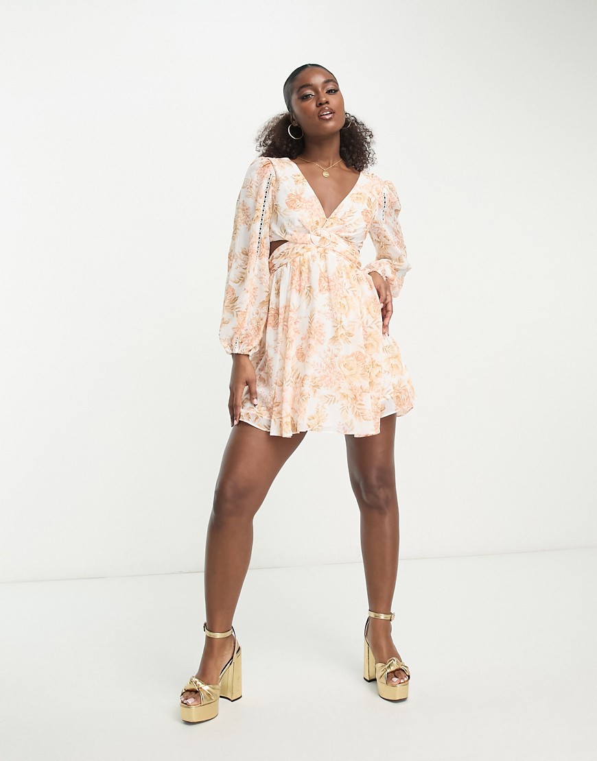 Forever New long sleeve mini dress in peach floral-Orange