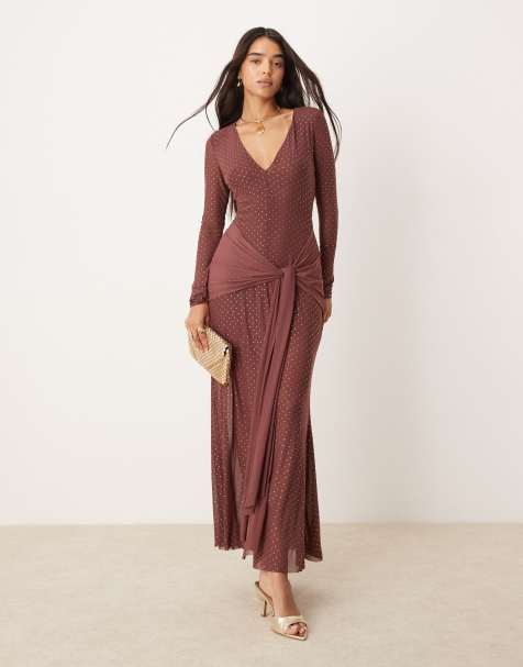 Forever New long sleeve plunge hotfix maxi dress in chocolate - view 1